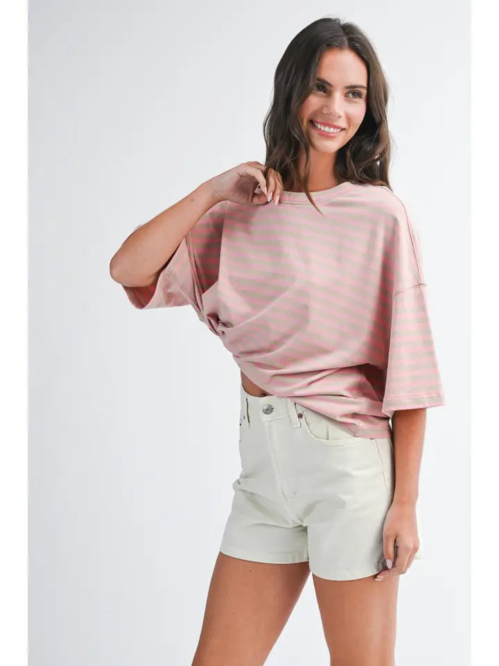 Oversized Stripe Boyfriend Tee- Oat