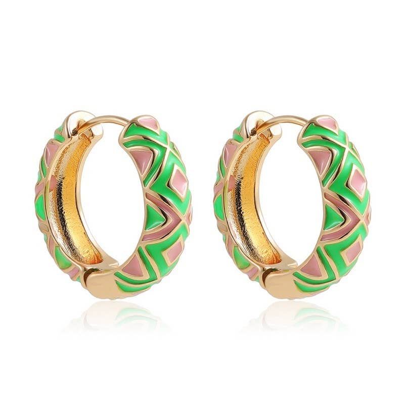 VINTAGE CLOISONNE AZTEC HUGGIE HOOP EARRINGS