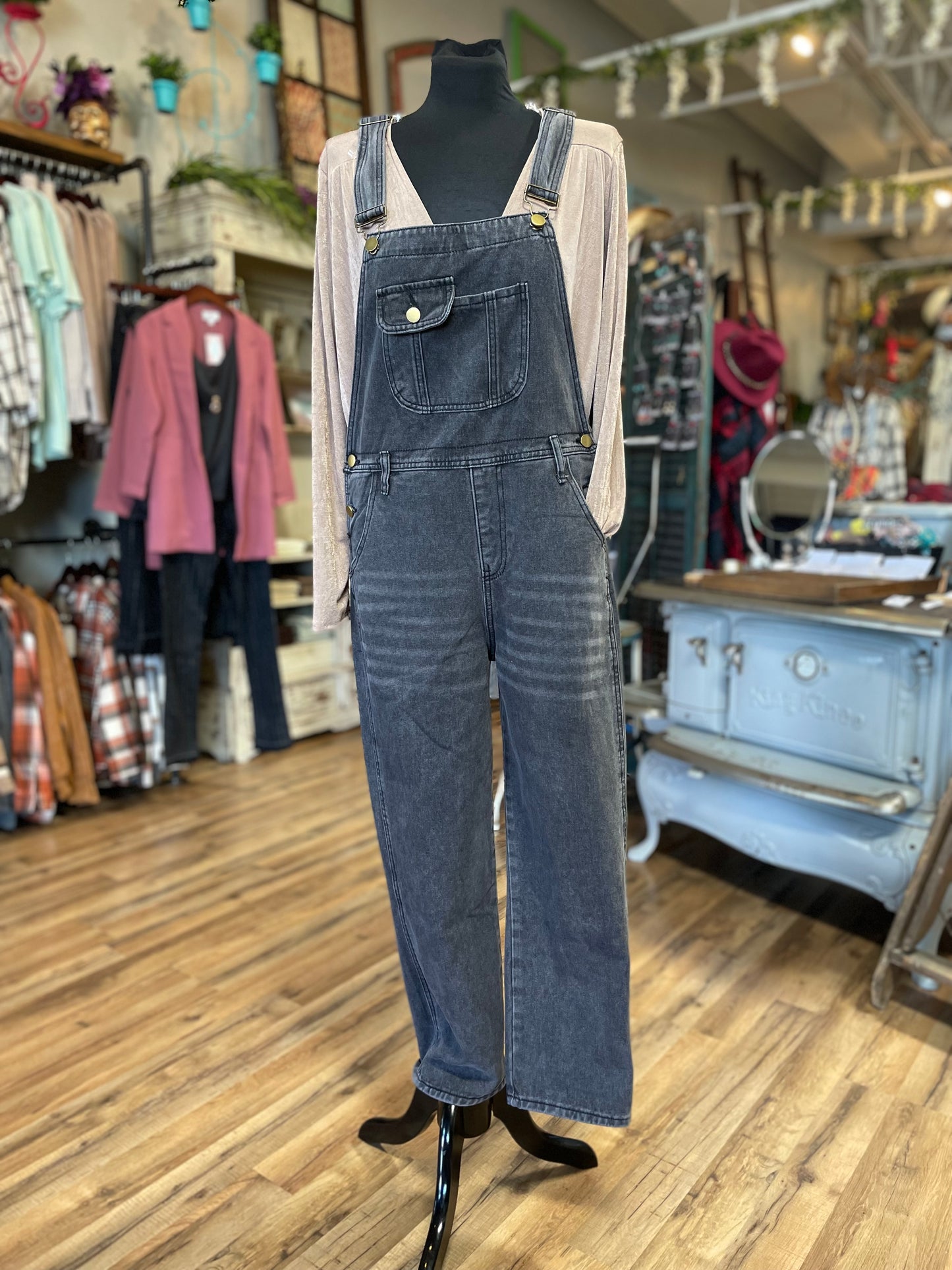Black Vintage Washed Denim Overalls