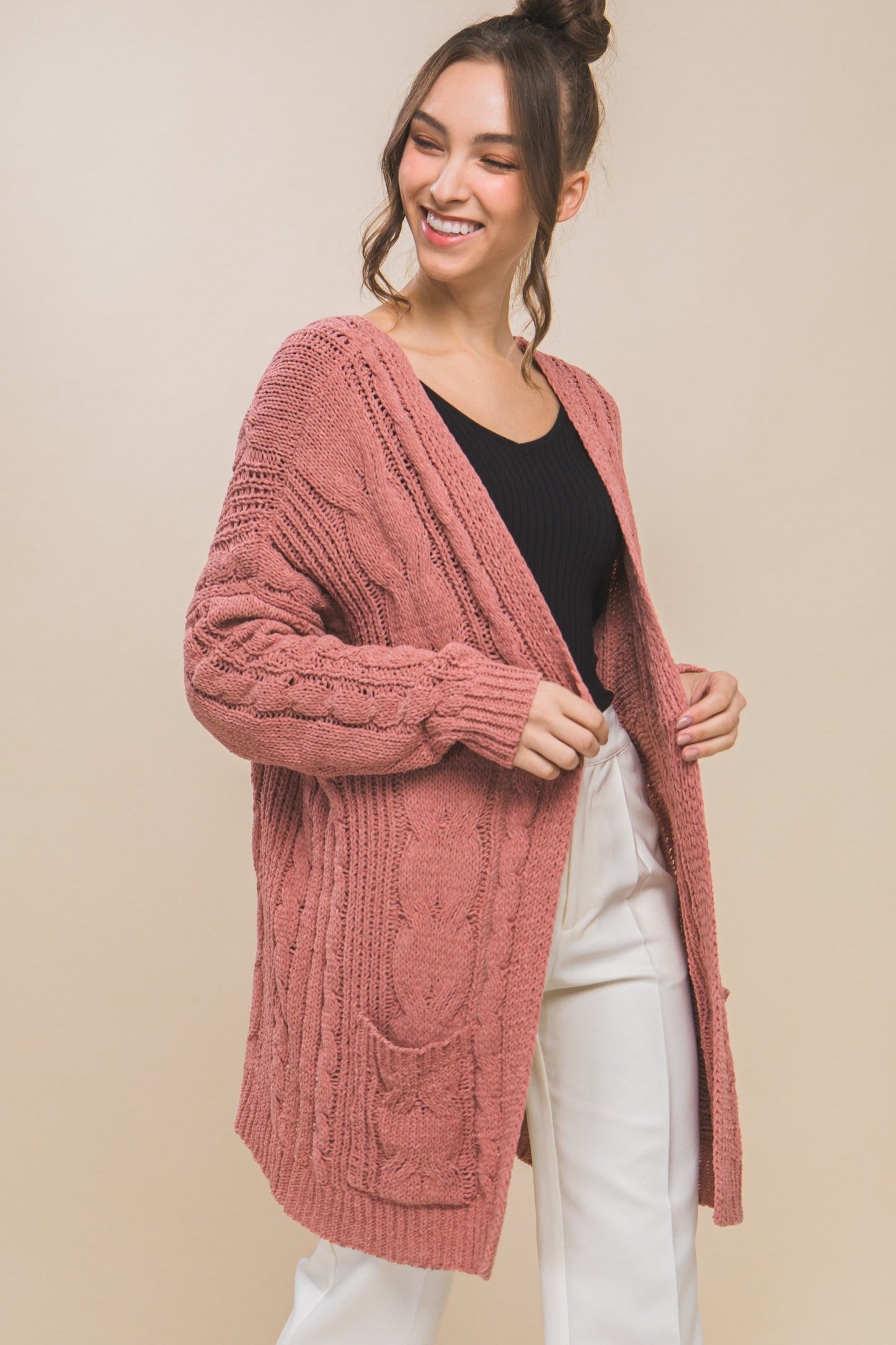 Mauve Oversized Cable Knit Cardigan