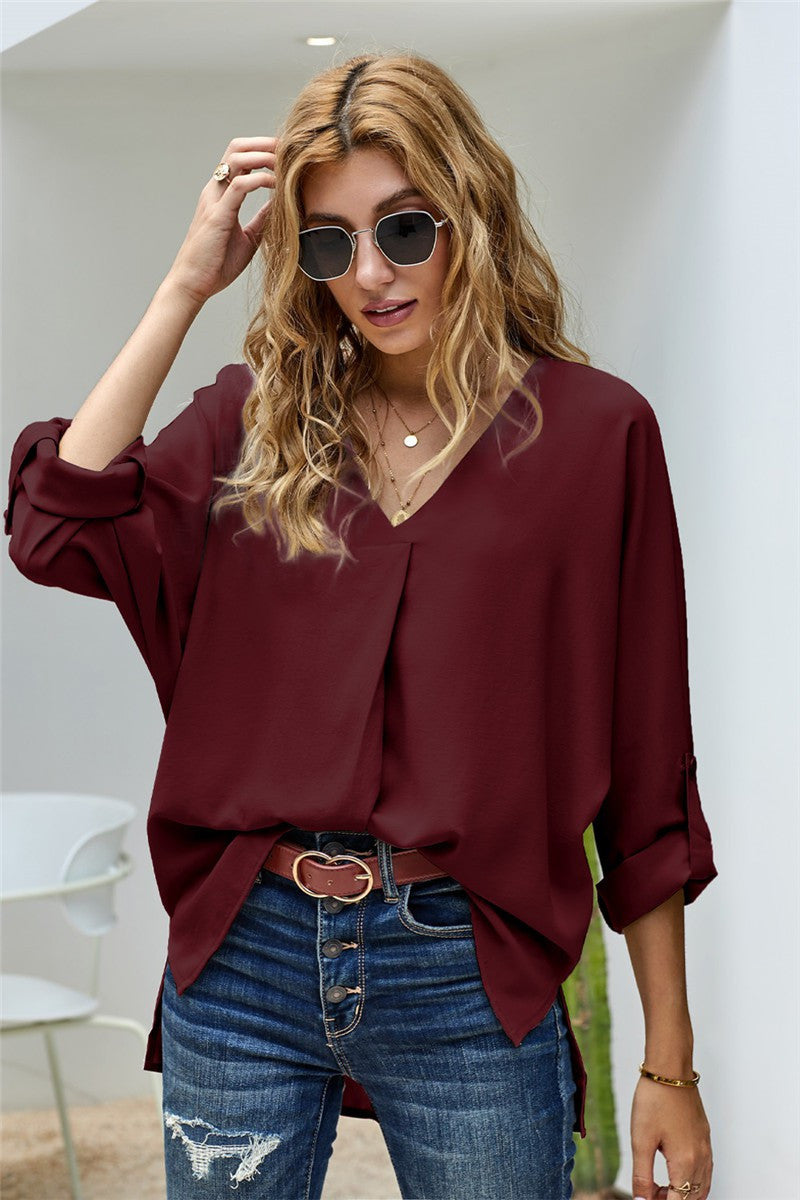 Wine V-Neck 3/4 Sleeve Blouse