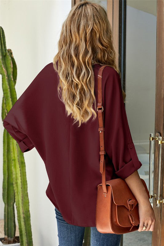 Wine V-Neck 3/4 Sleeve Blouse