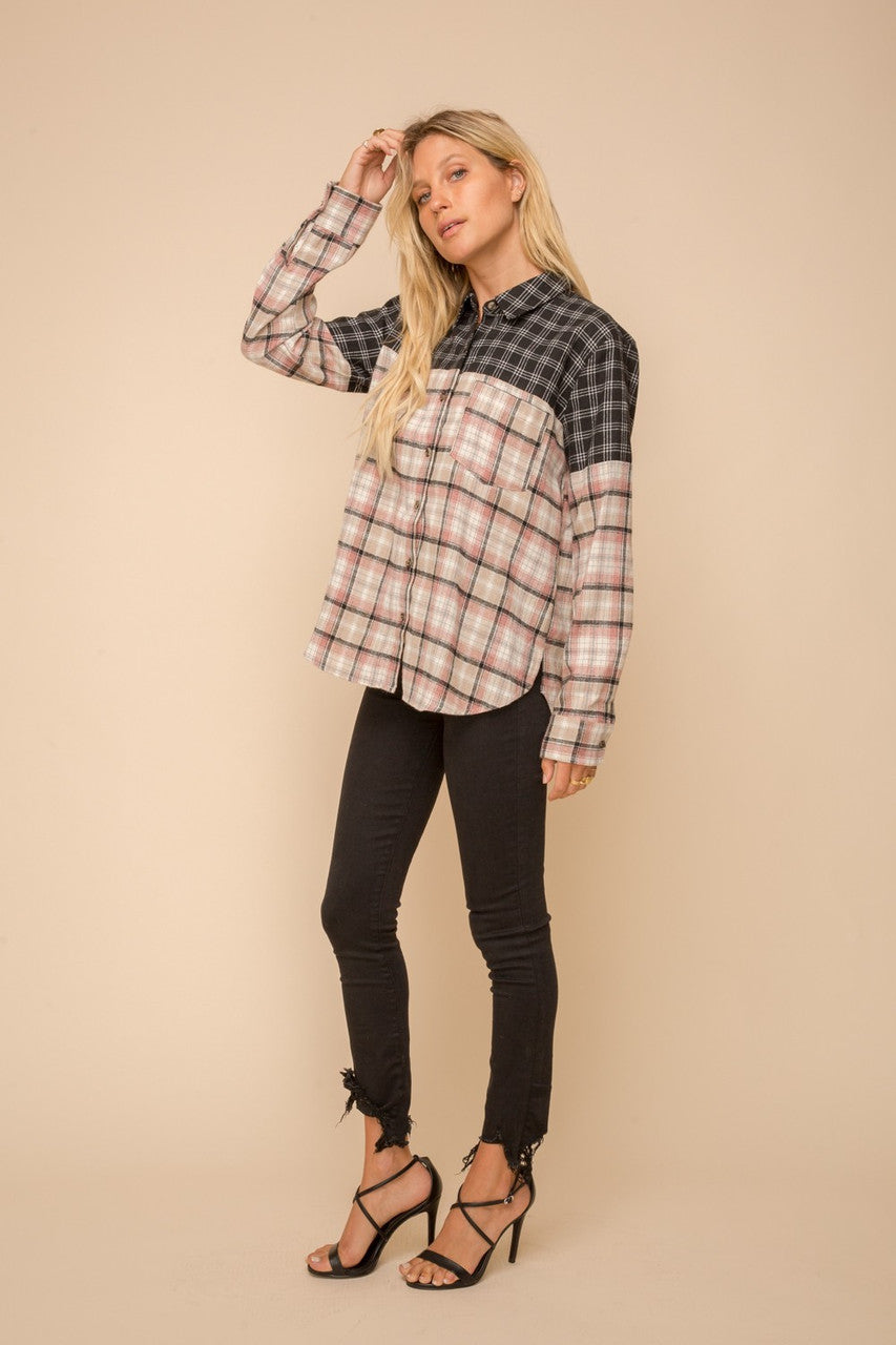 Black & Taupe Color Block Plaid Top