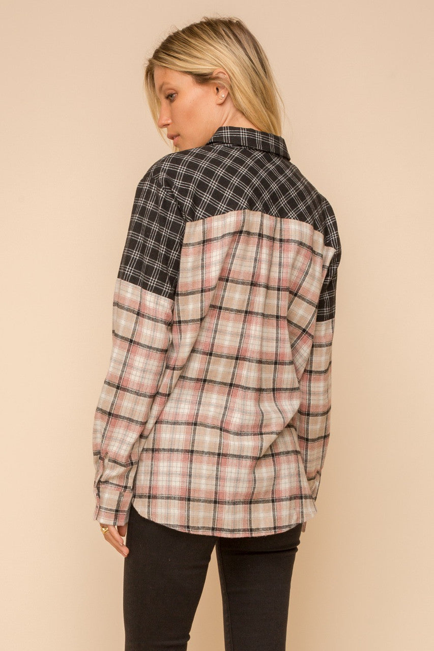 Black & Taupe Color Block Plaid Top