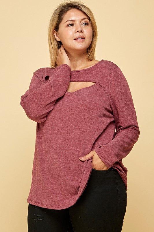 Plus Size Burgundy Cut Out Long Sleeve