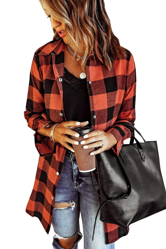 Red and Brown Plaid Shirt Coat