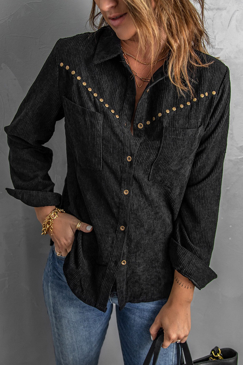 Black Corduroy Top w/ Button Detail