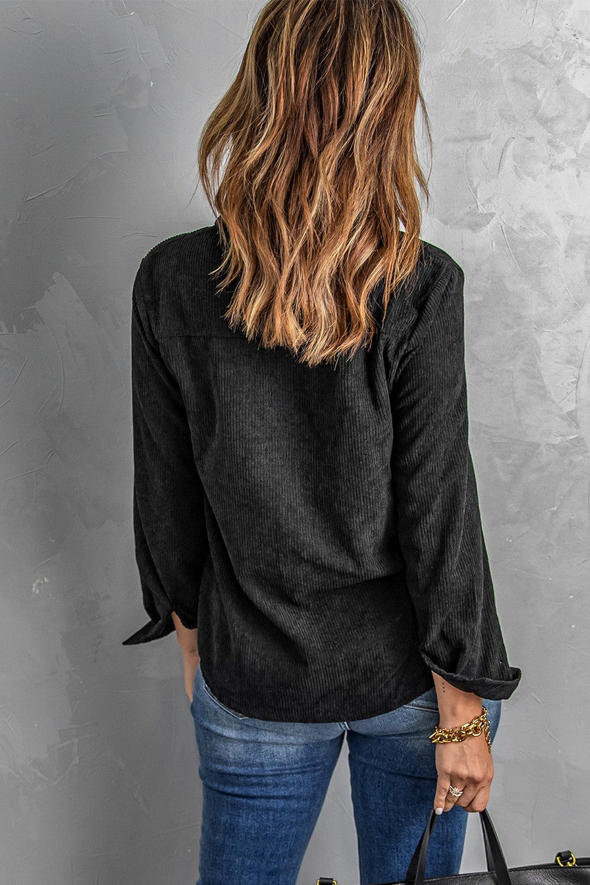 Black Corduroy Top w/ Button Detail