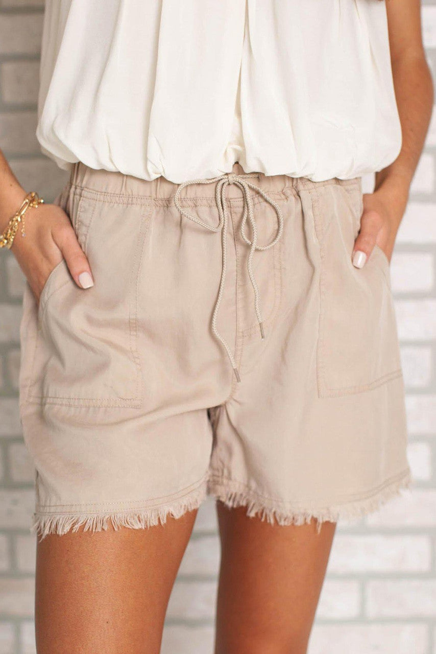 Khaki Raw Hem Drawstring Shorts