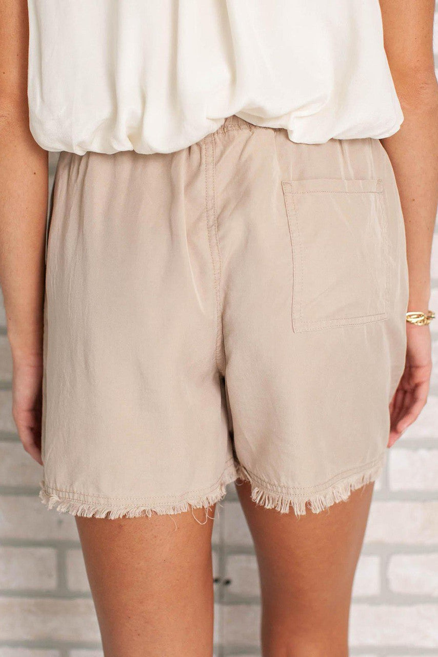 Khaki Raw Hem Drawstring Shorts