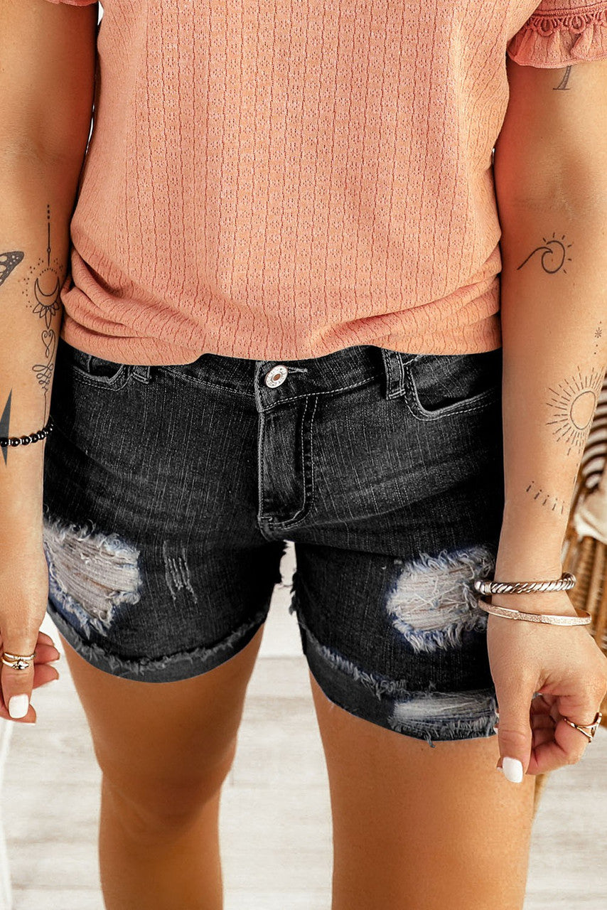 Black Ripped Denim Shorts
