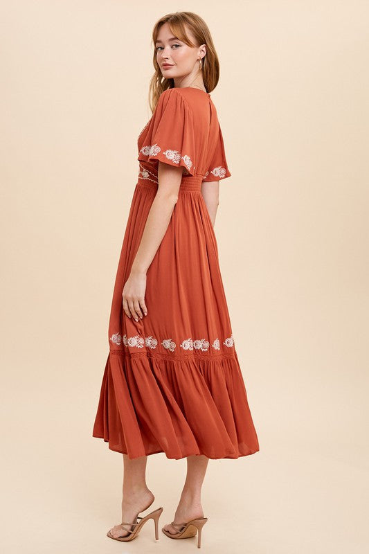 Rust V-Neck Flutter Sleeve Dress