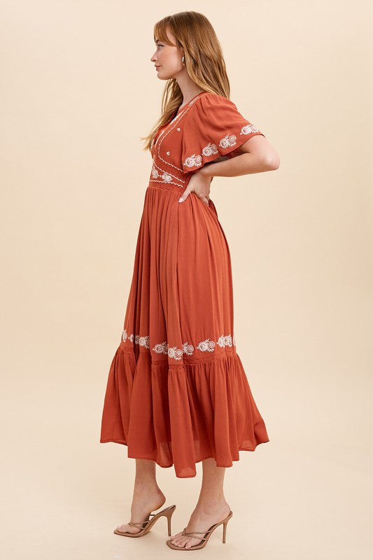 Rust V-Neck Flutter Sleeve Dress