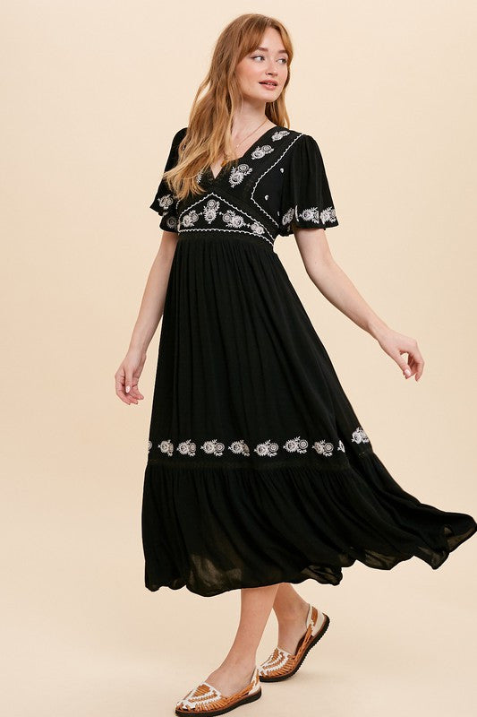 Black V-Neck Flutter Sleeve Dress