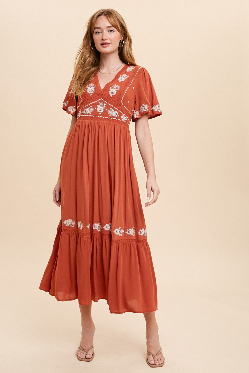 Rust V-Neck Flutter Sleeve Dress