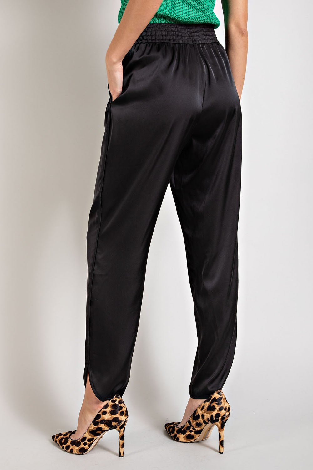 Black Smocked Satin Pants