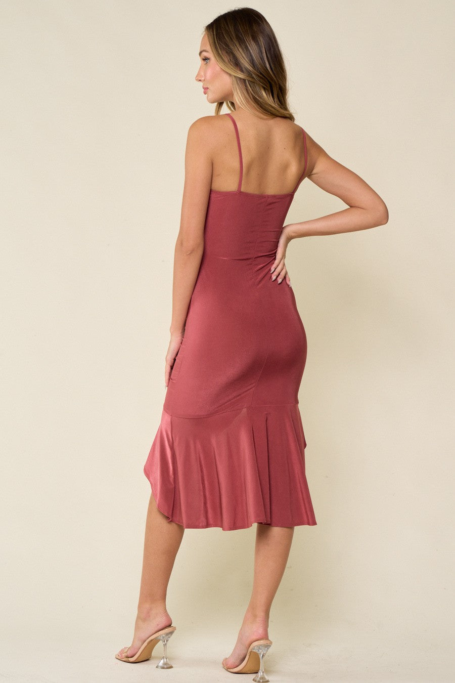 Brick Asymmetrical Ruffled Dress