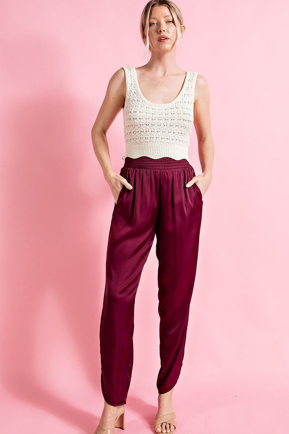 Wine Smocked Satin Pants