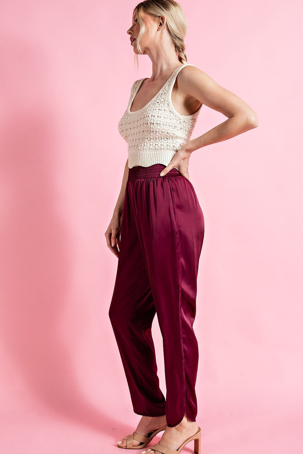 Wine Smocked Satin Pants