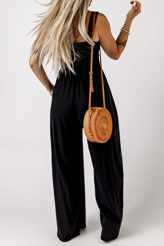 Black Smocked Wide Leg Jumpsuit