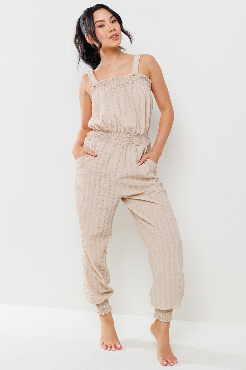 Taupe Fabric Smocked Jumpsuit