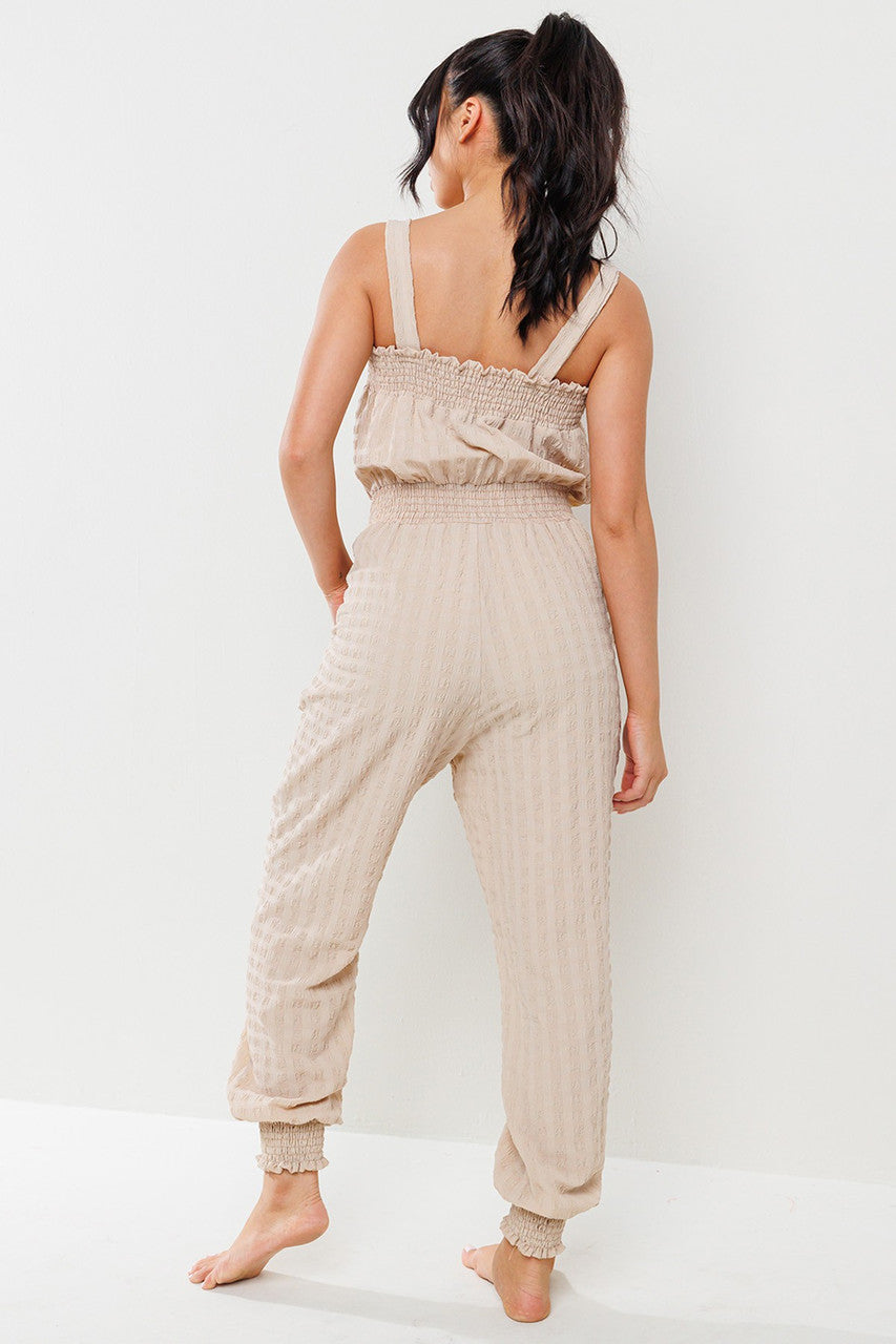 Taupe Fabric Smocked Jumpsuit