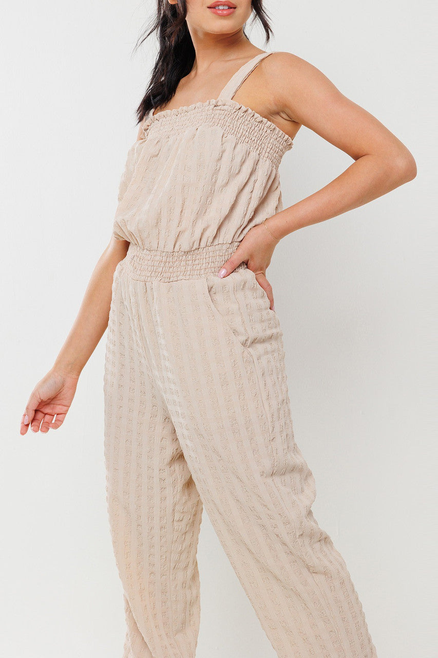 Taupe Fabric Smocked Jumpsuit