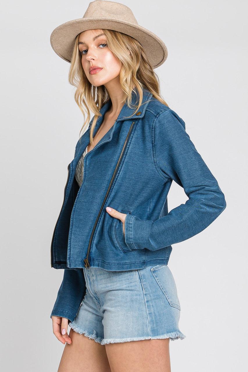 Indigo Knit Denim Biker Jacket