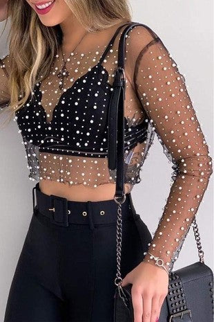 Black Sheer Pearl Crop Top