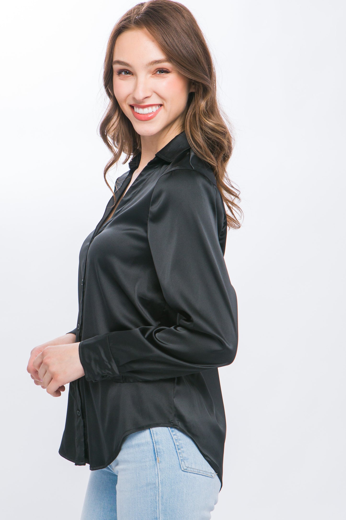 Black Satin Long Sleeve Button Down