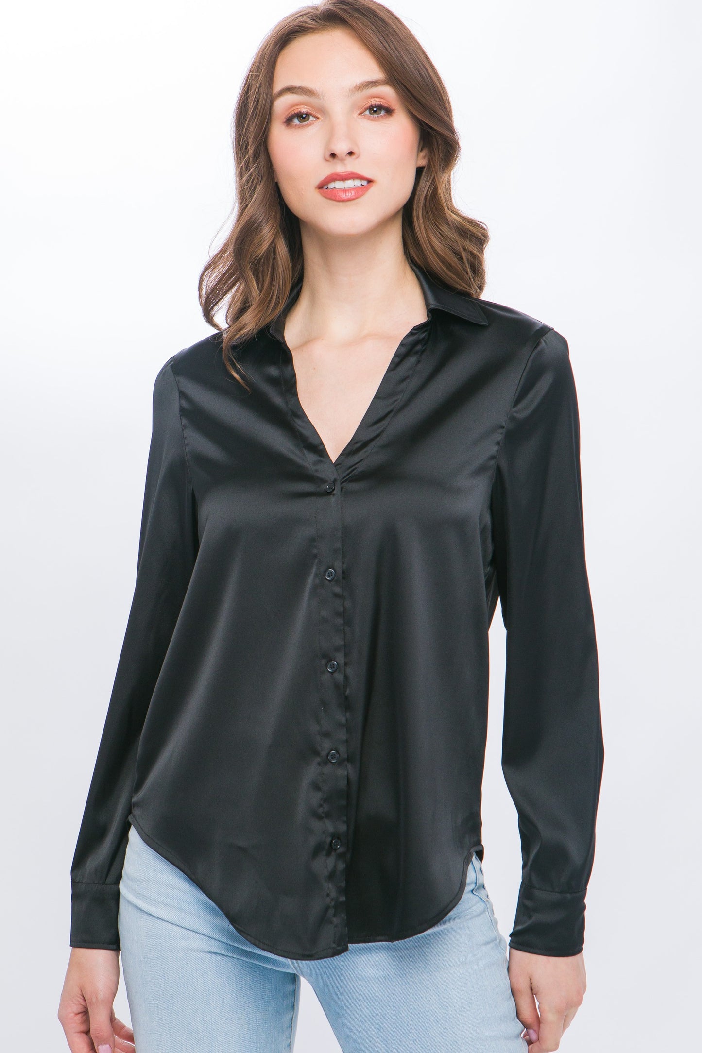 Black Satin Long Sleeve Button Down