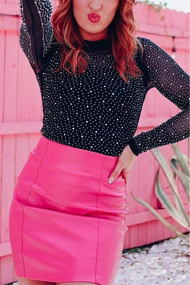Black Rhinestone Mesh Long Sleeve