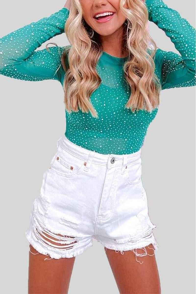 Green Rhinestone Mesh Long Sleeve