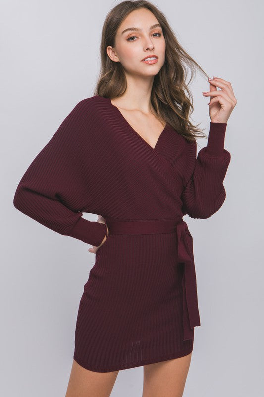 Wine Knitted Wrap Dress
