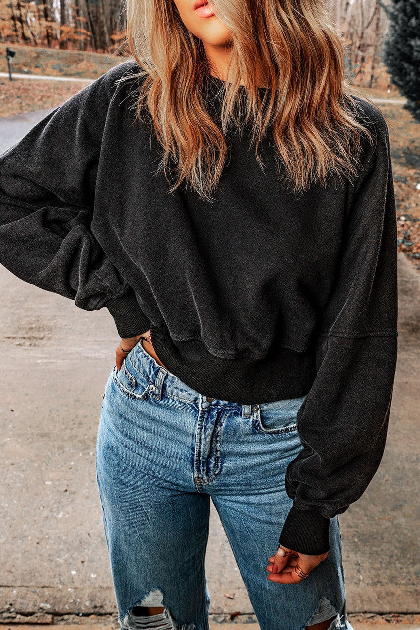 Black Acid Wash Open Back Sweatshirt