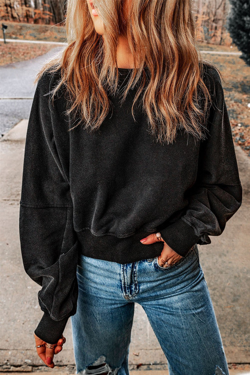 Black Acid Wash Open Back Sweatshirt