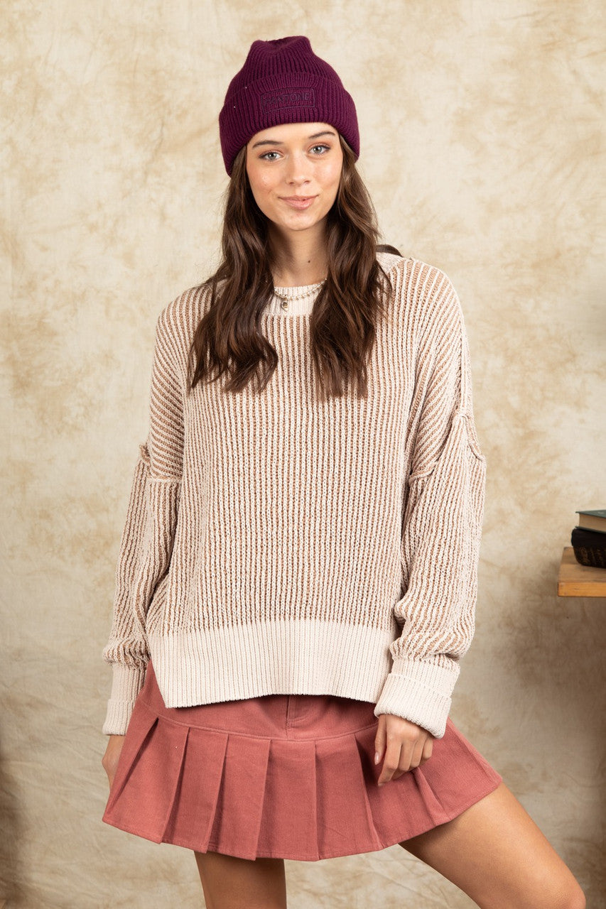 Cream Two Tone Knit Sweater