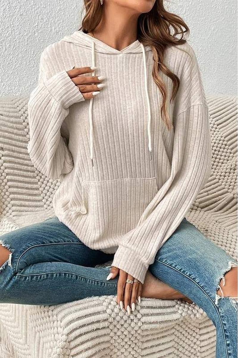 Beige Ribbed Hoodie