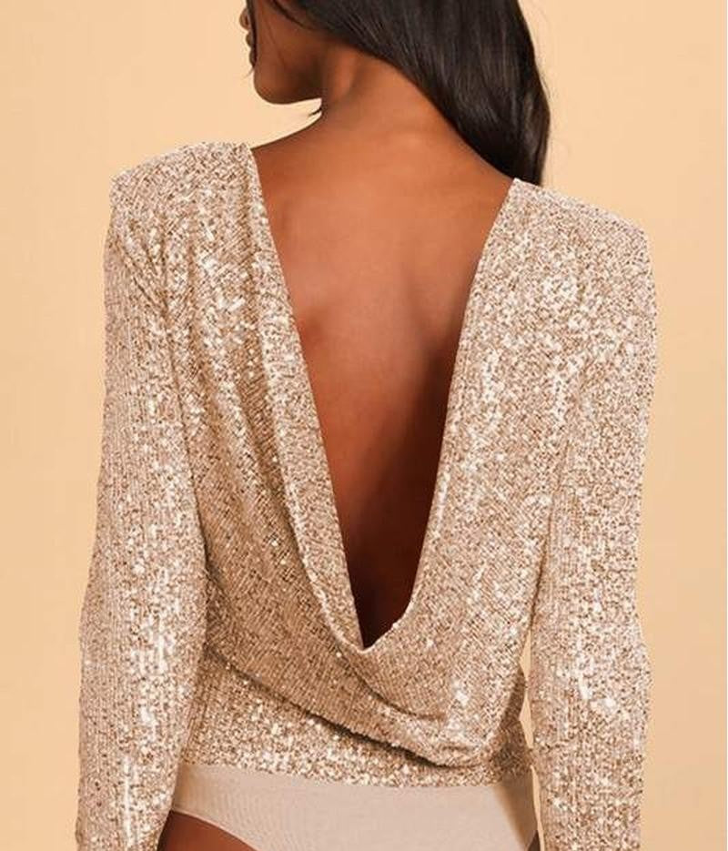 Beige Sequin Long Sleeve Bodysuit