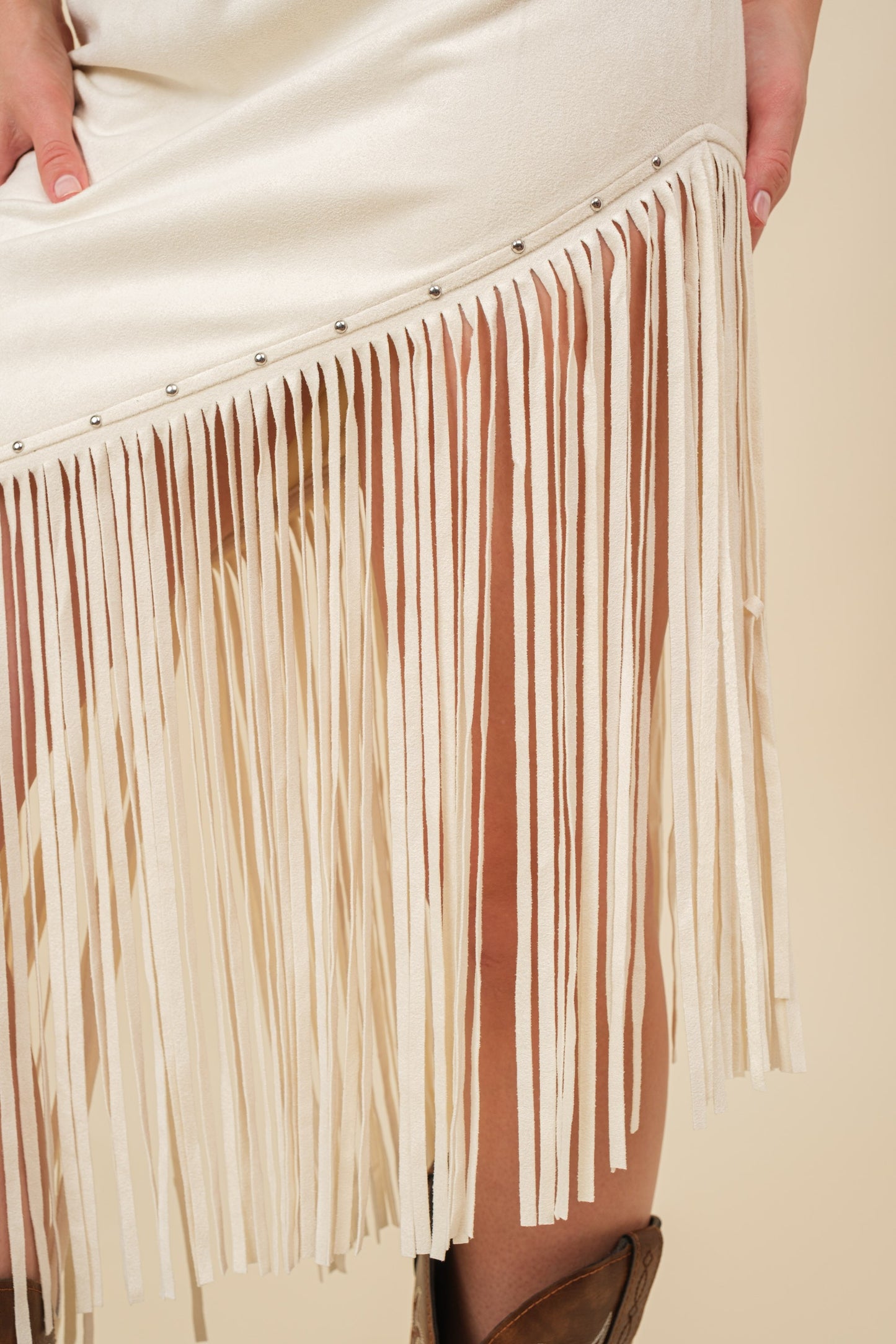 Cream Suede Angled Fringe Midi Skirt