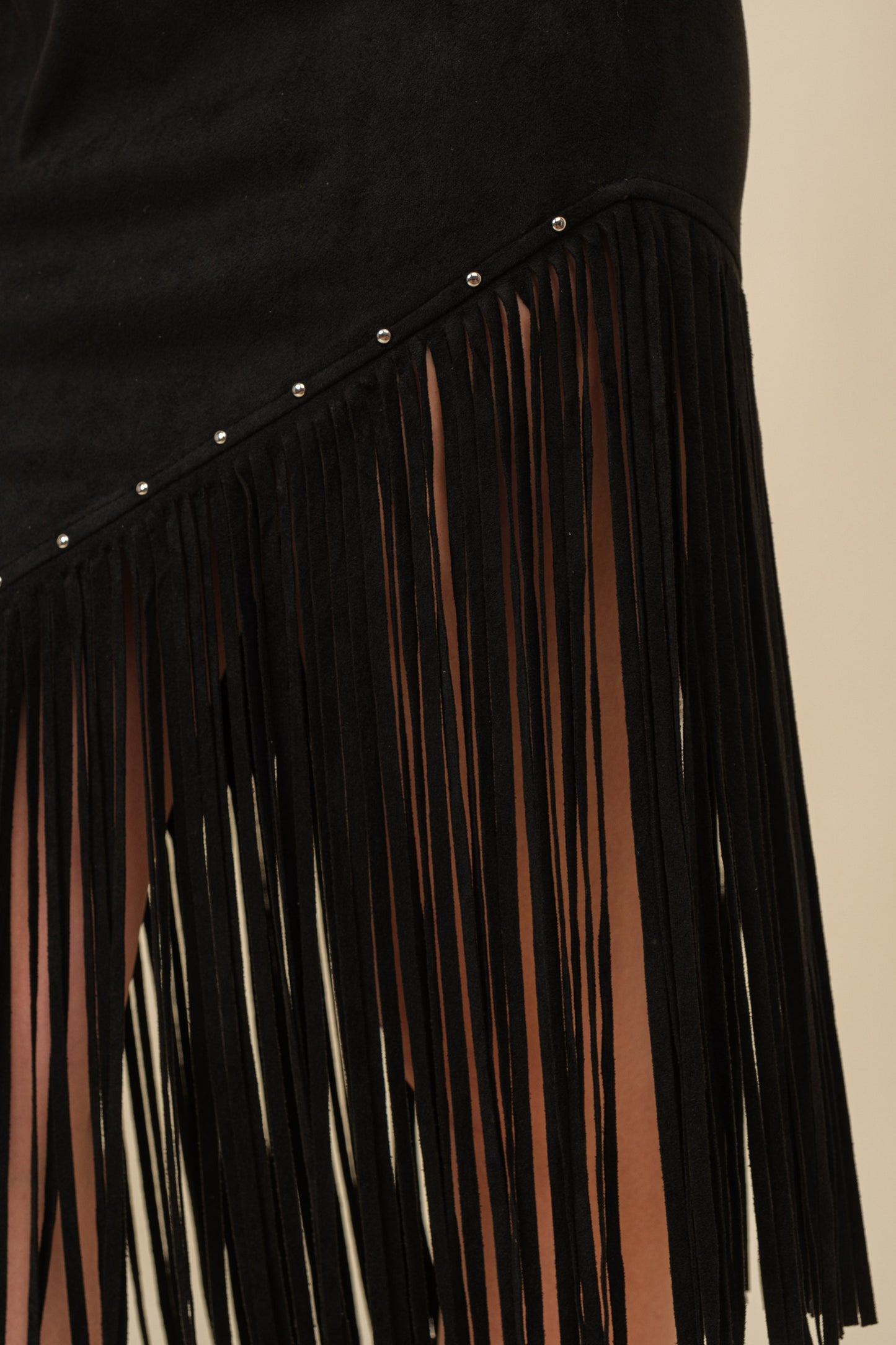Black Suede Angled Fringe Midi Skirt