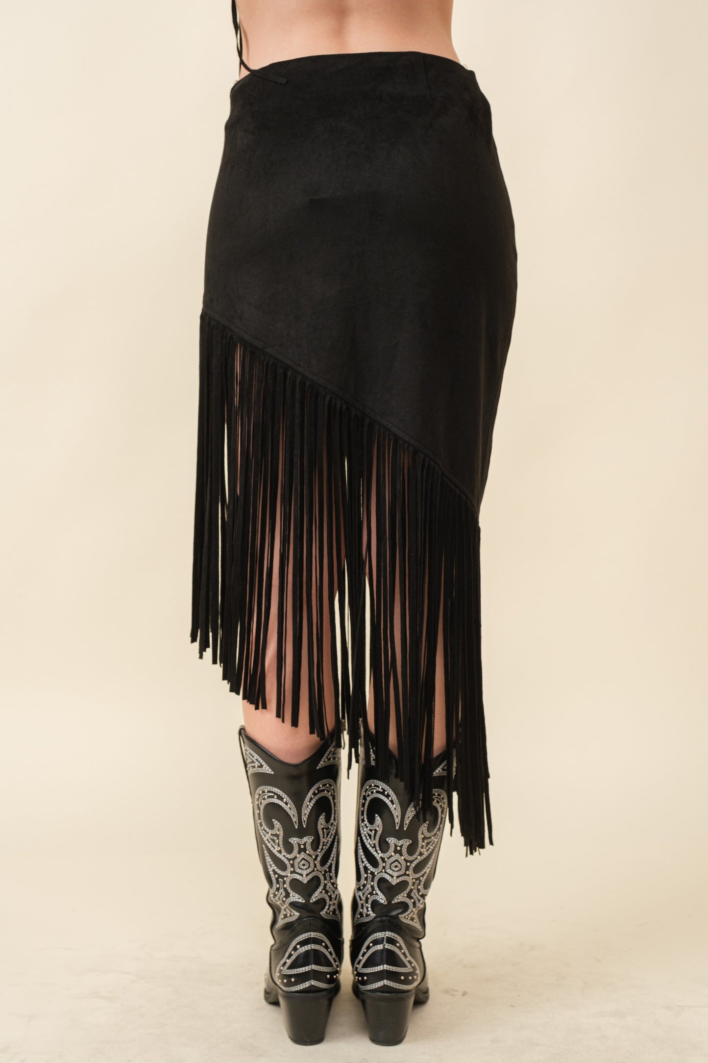 Black Suede Angled Fringe Midi Skirt