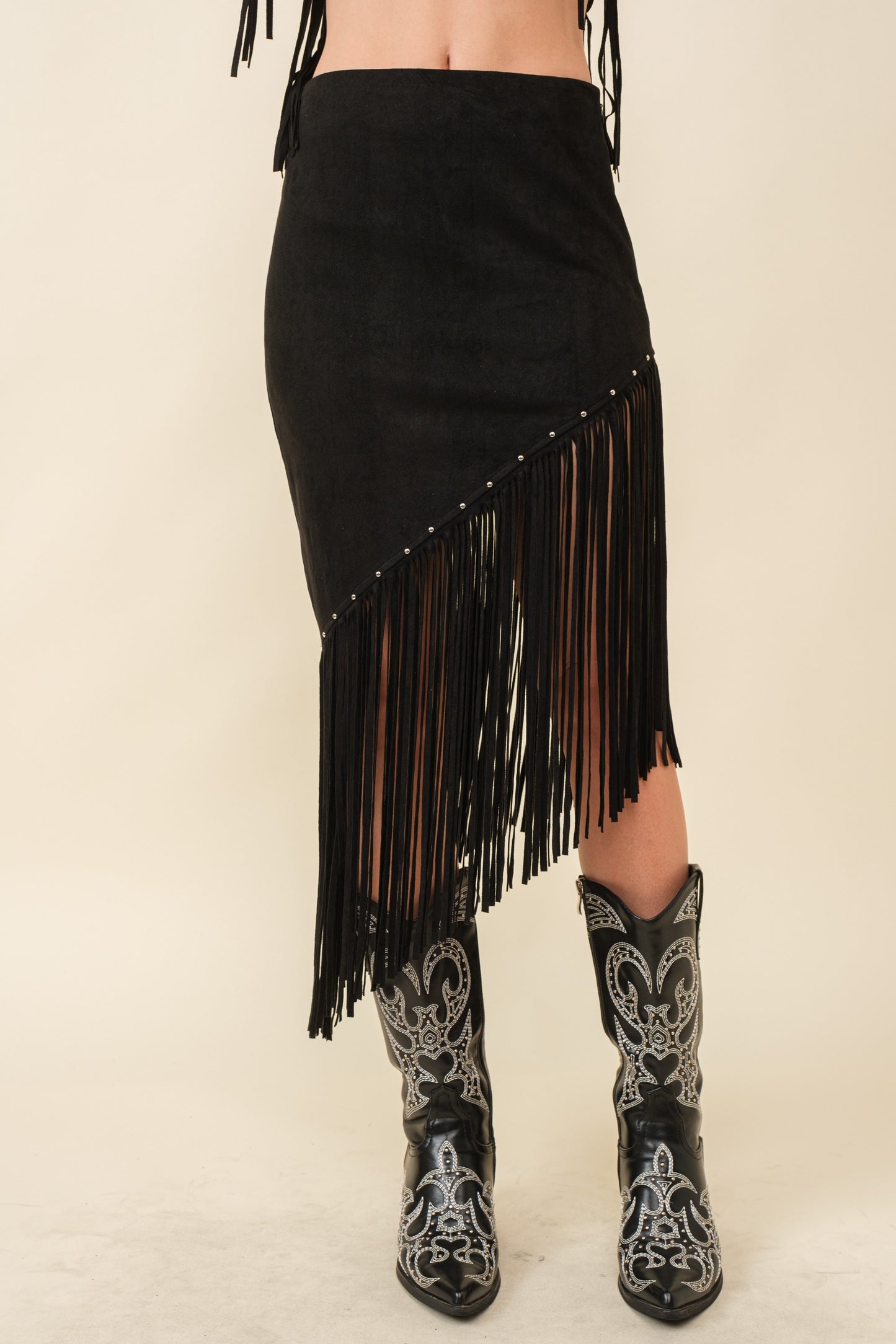 Black Suede Angled Fringe Midi Skirt