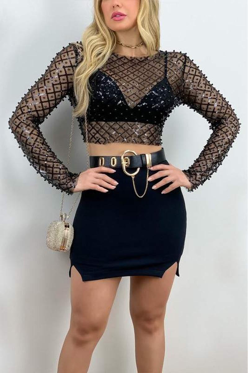 Black Sequin Mesh Top