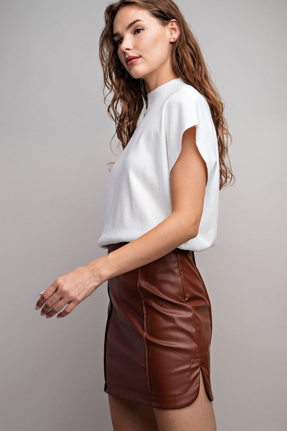 Brown Leather Mini Pencil Skirt
