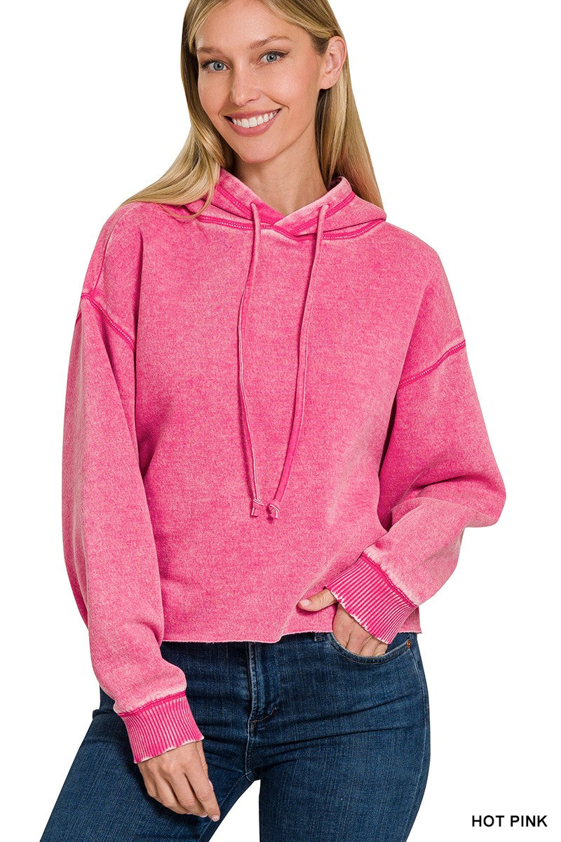 Hot Pink Acid Wash Cropped Hoodie