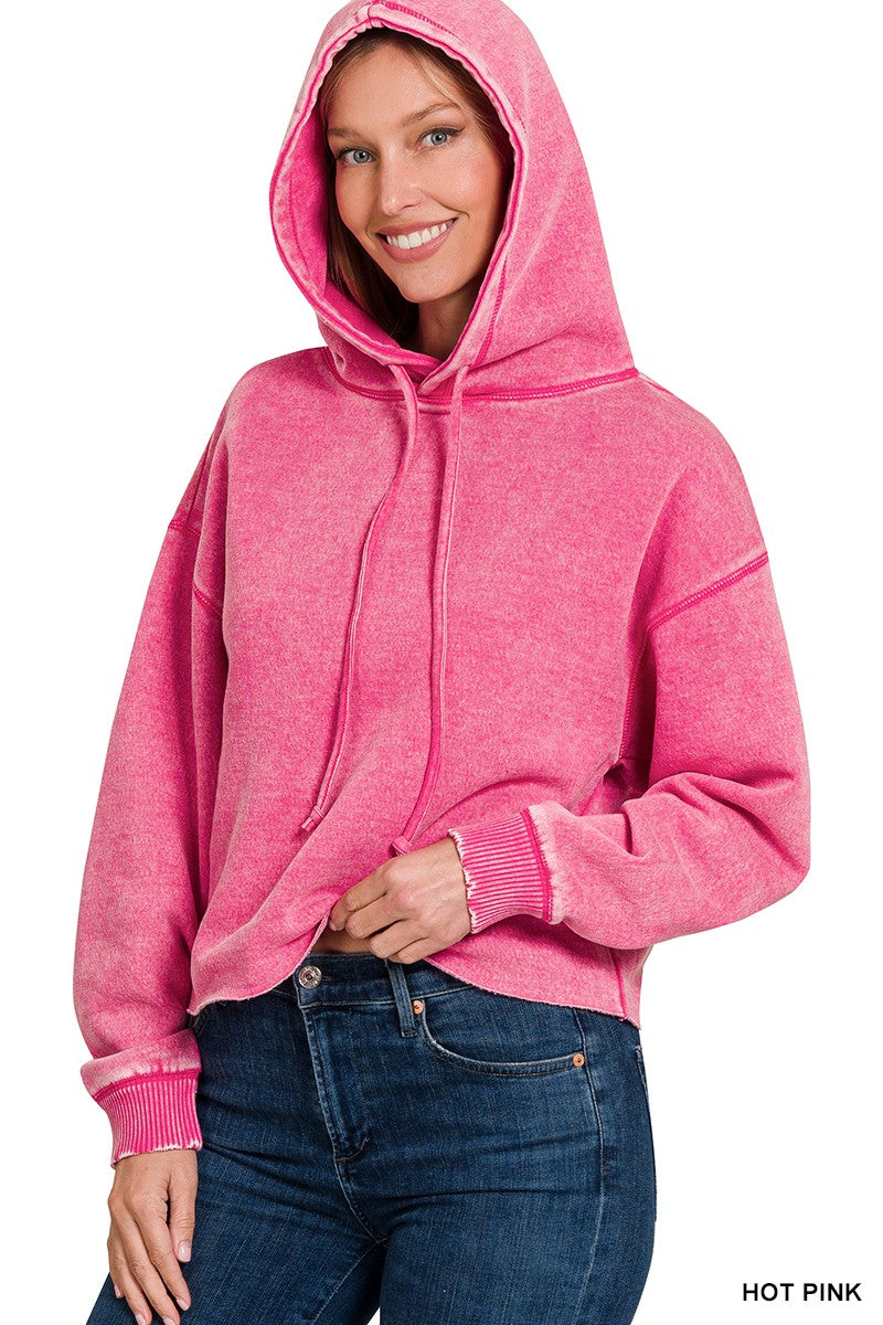 Hot Pink Acid Wash Cropped Hoodie