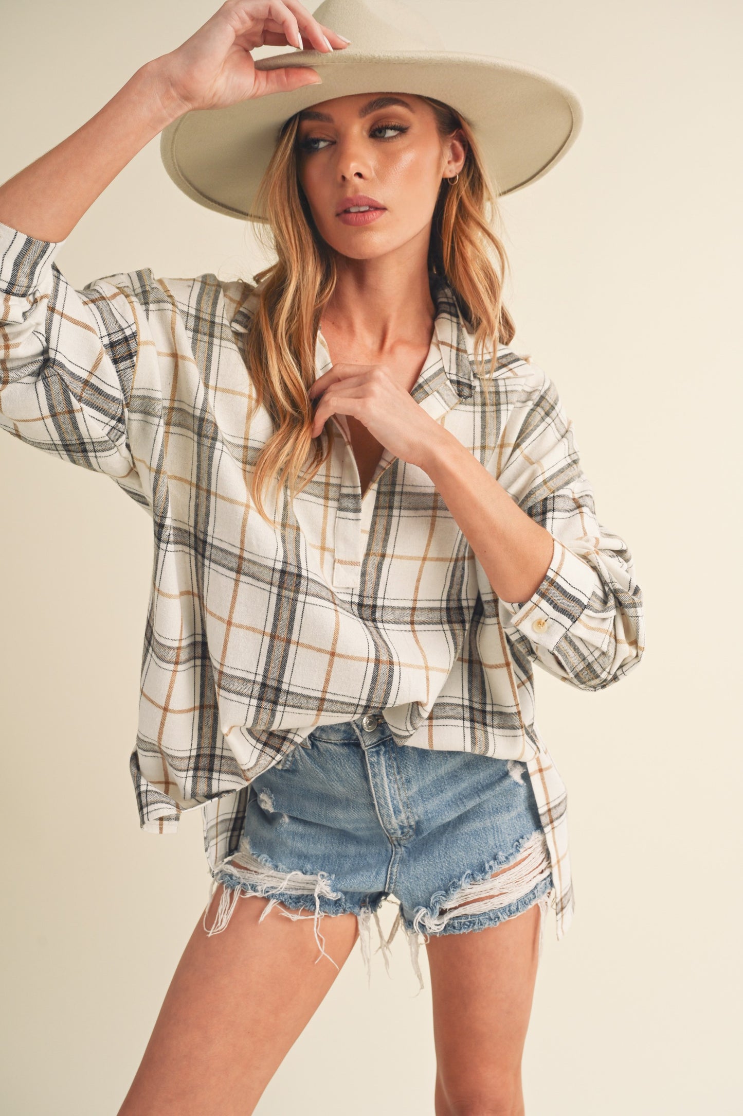 White Plaid Hi-Low Top