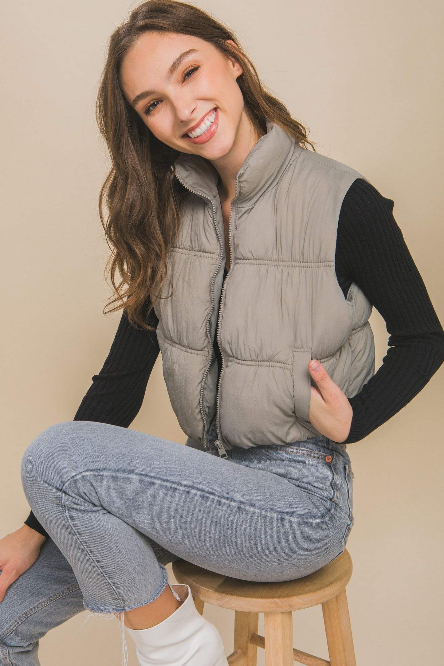 Grey Cropped Puffer Vest