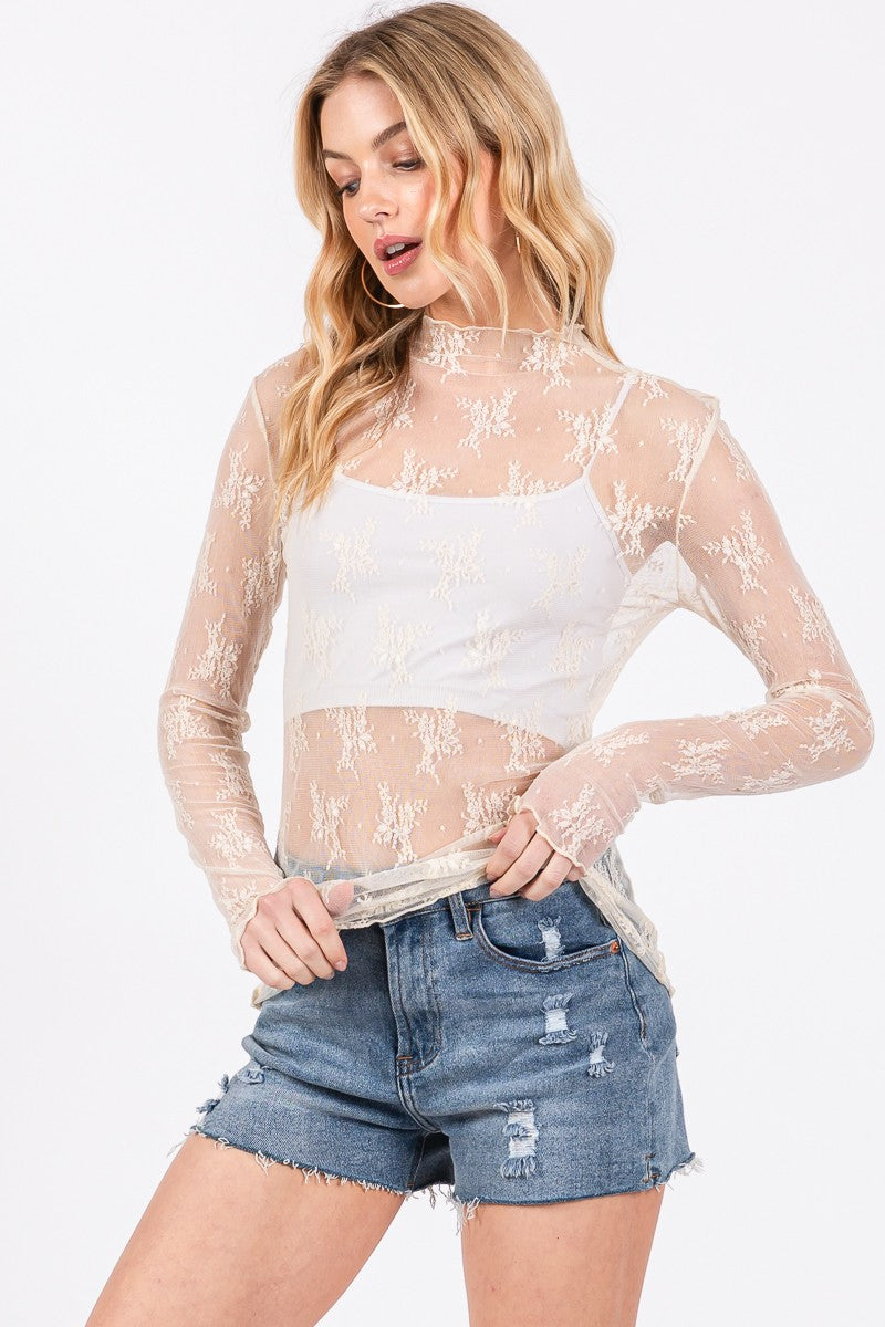 Taupe L/S Floral Lace Top